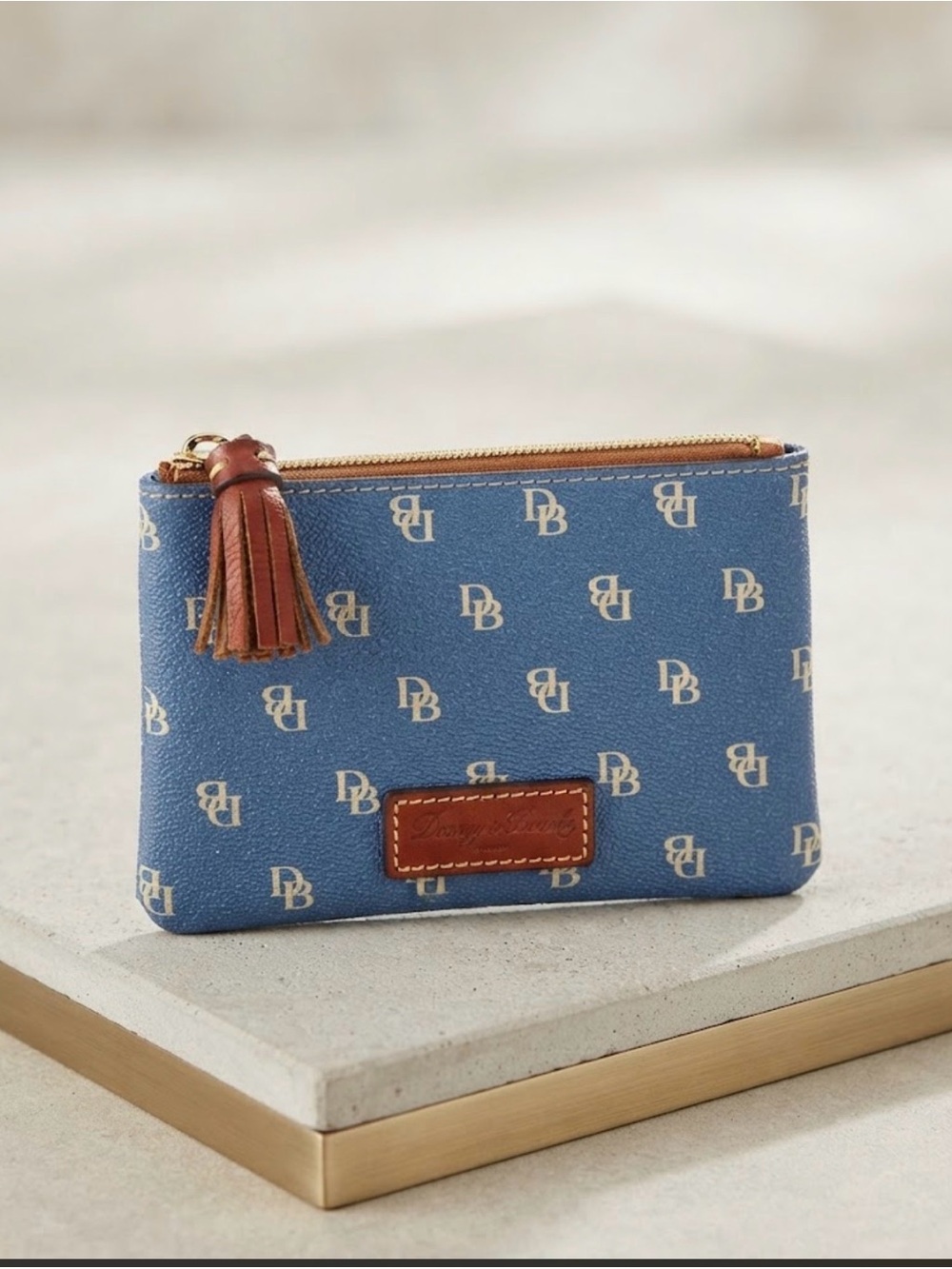 Dooney & Bourke Blue Signature Zip Pouch with Brown Tassel Trim